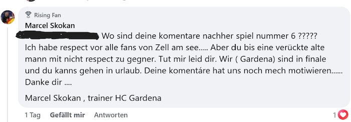 Auf Facebook reagierte der Gröden-Coach auf die Kommentare der Zell-Fans.