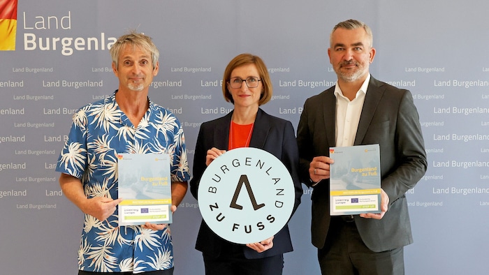 Hutter, Zopf- Renner und Dorner bei der Präsentation des Masterplans „Burgenland zu Fuß“ (l.).