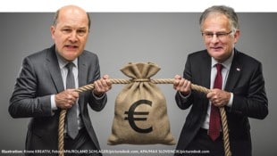 Gemeindebundpräsident Johann Pressl (links) ringt mit Finanzminister Markus Marterbauer (rechts) ...