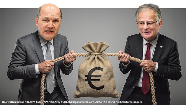 Gemeindebundpräsident Johann Pressl (links) ringt mit Finanzminister Markus Marterbauer (rechts) ...