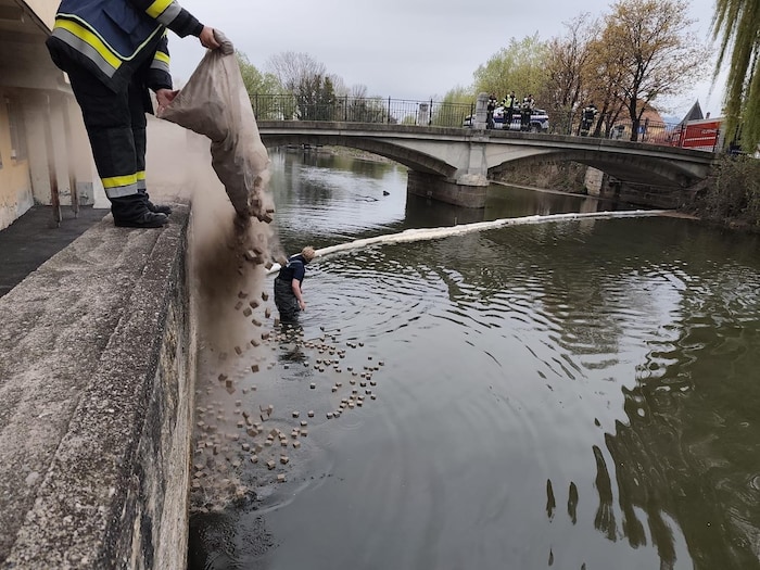 Mit Ölwürfeln versucht die Feuerwehr, das Öl zu binden.