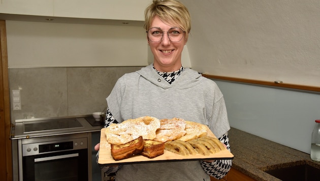 Angelika Wirnsperger mit den Speisen: Hühnersteigen (obere Reihe), „armer Ritter“ links unten ...