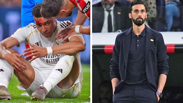 Kylian Mbappe (li.) kassierte eine Platzwunde, aber keinen Elferpfff. Das brachte seinen Trainer ...