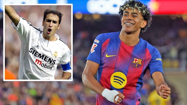 Barca-Youngstern Lamine Yamal (rechts, großes Bild) hat Real-Legende Raul ausgestochen.