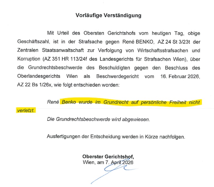 Mitteilung des Obersten Gerichtshofs an die Wirtschafts- und Korruptionsstaatsanwaltschaft
