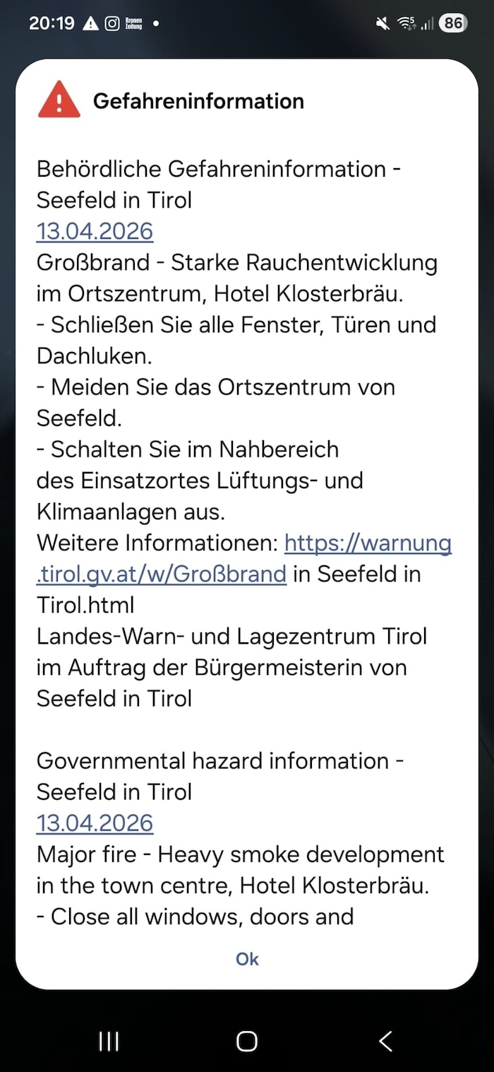 Um 20.19 Uhr wurde AT-Alert ausgelöst.