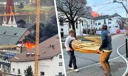 Am Dach des Hotels brannte es lichterloh. Aus der angrenzenden Kirche wurden sakrale Gegenstände ...