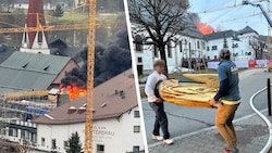 Am Dach des Hotels brannte es lichterloh. Aus der angrenzenden Kirche wurden sakrale Gegenstände ...