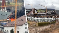 Montagabend brach der Brand aus (li.) – und die Situation am Dienstagvormittag (Bild rechts).