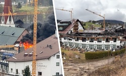 Montagabend brach der Brand aus (li.) – und die Situation am Dienstagvormittag (Bild rechts).