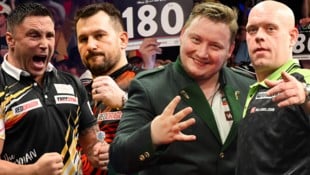 Gerwyn Price, Jonny Clayton, Vorjahressieger Martin Schindler, Michael van Gerwen (von links) – ...