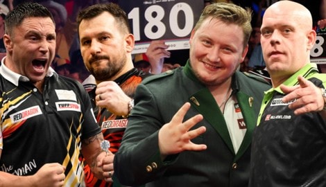Gerwyn Price, Jonny Clayton, Vorjahressieger Martin Schindler, Michael van Gerwen (von links) – ...