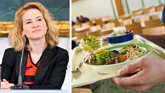Ministerin Eva-Maria Holzleitner „serviert“ ein Studentenmenü.