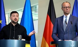 Von links: Der ukrainische Präsident Wolodymyr Selenskyj hat sich in Berlin mit Deutschlands ...