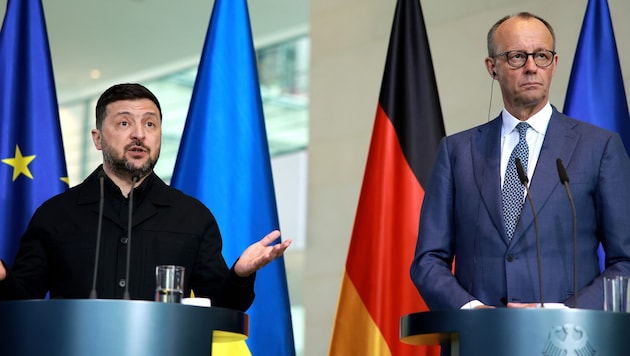 Von links: Der ukrainische Präsident Wolodymyr Selenskyj hat sich in Berlin mit Deutschlands ...