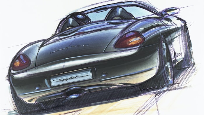 In vier Jahren von der Vision zur Serie – Frühe Designskizze des Porsche Boxster (986) aus dem ...