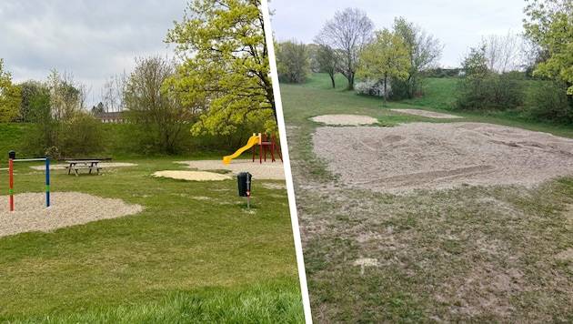 Rutsche, Schaukel, Klettergerüst, Basketballkorb, Schaukelpferd und Sitzbank sind nun weg.