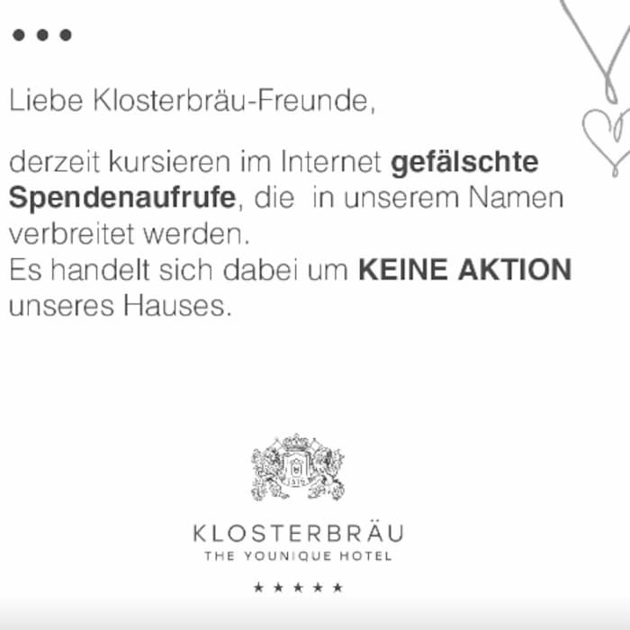 Das Hotel warnte auf seinen Social-Media-Kanälen vor den falschen Spendenaufrufen.