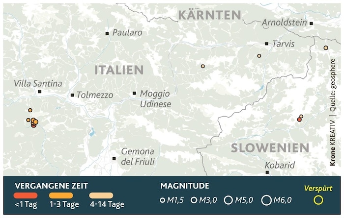 Die Grafik zeigt die Erdbeben der vergangenen Tage