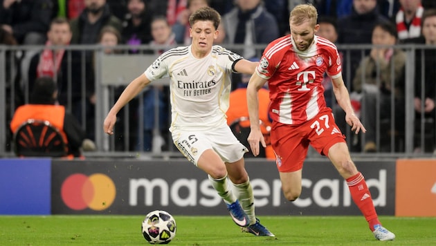 Konrad Laimer, hier im Duell mit Real Madrids Arda Güler, zog Mittwoch Abend mit Bayern München ...
