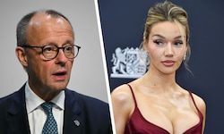 Der deutsche Bundeskanzler Friedrich Merz (l.) wird von Shirin David in ihrem neuesten Song für ...