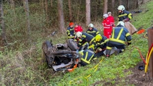 Das Fahrzeug kam in einem Waldstück zum Liegen.