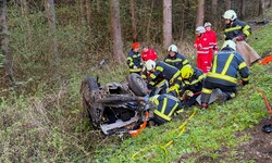 Das Fahrzeug kam in einem Waldstück zum Liegen.