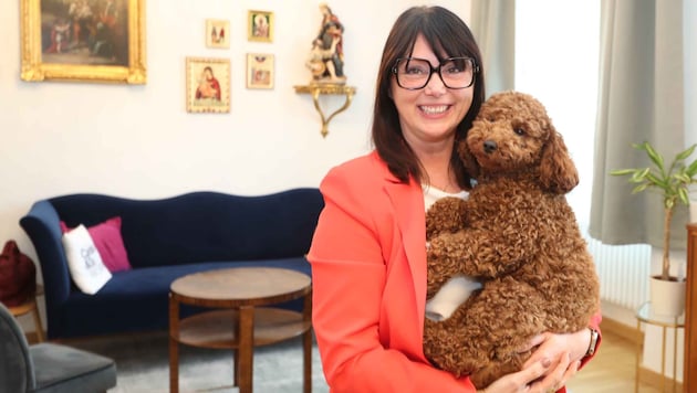 Burgenlands Caritas-Direktorin Melanie Balaskovics (49) mit Pudelrüde „Emil“: „Er ist mein ...