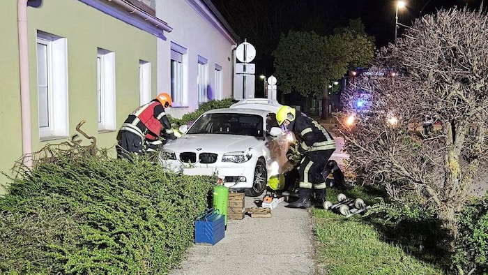 Auf Sträuchern gelandet ist ein Auto, nachdem es zuvor gegen die Fassade geprallt war.