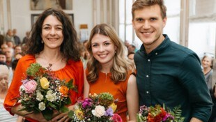 Parteichefin Sandra Krautwaschl mit ihren beiden Stellvertretern Anna Binder und Markus Konrad ...