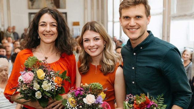 Parteichefin Sandra Krautwaschl mit ihren beiden Stellvertretern Anna Binder und Markus Konrad ...