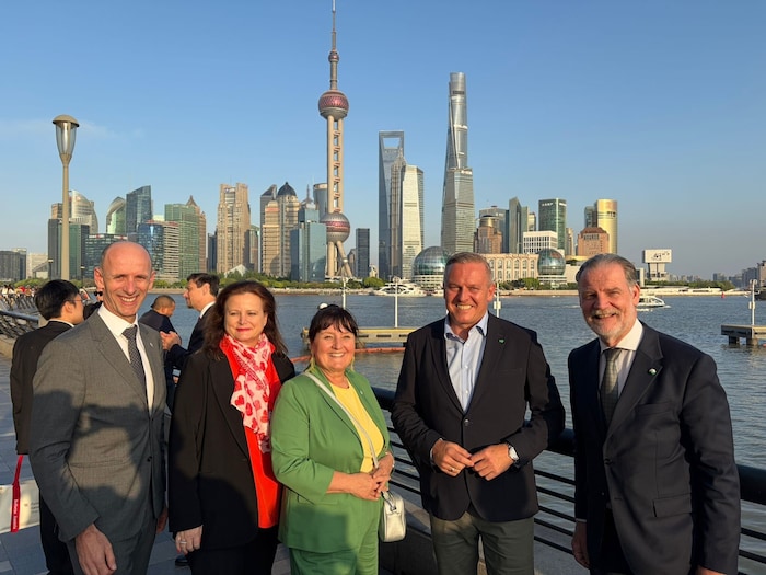 Steirische Delegation vor der Skyline (v. l.): Willibald Ehrenhöfer, Claudia Holzer, Manuela ...