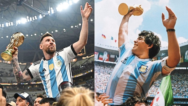 Messi (li.) und Maradona sind zwei Ikonen des Fußballsports.