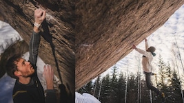 Nicolai Uznik versucht sich aktuell am „Burden of Dreams“-Boulder in Finnland.