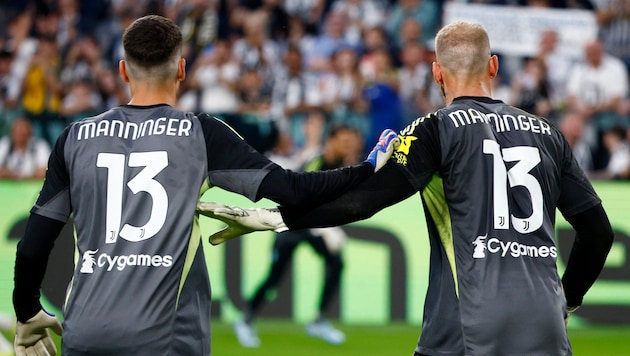 Juve goalkeepers Michele Di Gregorio and Simone Scaglia in their jerseys honoring Alex Manninger ...