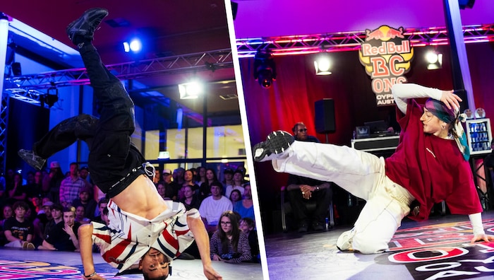 Die beiden Lokalmatadoren B-Boy Wolfer (links) und B-Girl Jana beim Battle in Innsbruck.