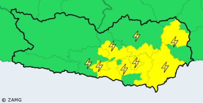 DIe Unwetterwarnungen der GeoSphere Austria zeigen die betroffenen Gebiete in Unterkärnten.