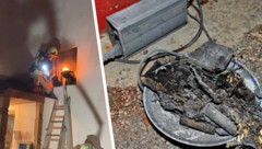 Feuerwehreinsatz nach dem Brand eines Akkus, der danach ganz verschmort war.