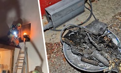 Feuerwehreinsatz nach dem Brand eines Akkus, der danach ganz verschmort war.
