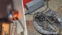 Feuerwehreinsatz nach dem Brand eines Akkus, der danach ganz verschmort war.