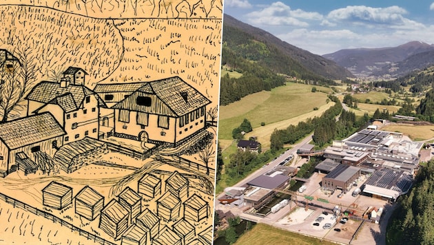 Das Firmengelände 1906 und heute: Leeb ist stets der Region treu geblieben.