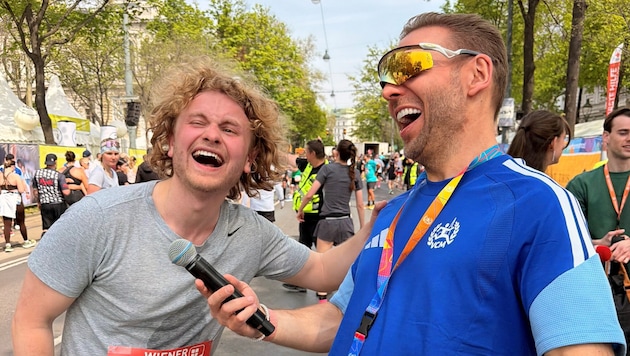 Comedian Dr. Bohl hatte nach seinem Halbmarathon in Wien im Interview mit Ziel-Moderator Ronny ...