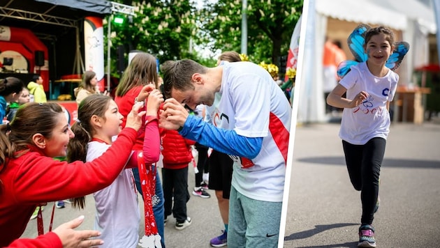 Zoey beim Lauf im Jahr 2025 (rechts) und beim Überreichen einer Medaille an einen Teilnehmer.
