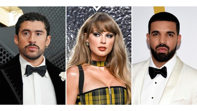 Taylor Swift, Bad Bunny (links) und Drake (rechts) sind die meistgehörten Musikstars in der ...