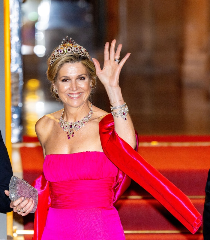 Das leuchtend pinke Abendkleid des Designers Edouard Vermeulen vom Modehaus Natan ließ die ...