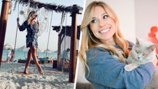 Die Moderatorin mit ihrer Katze Lilly (re.) – sowie im Urlaub.