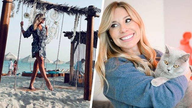 Die Moderatorin mit ihrer Katze „Lilly“ (re.) – sowie im Urlaub