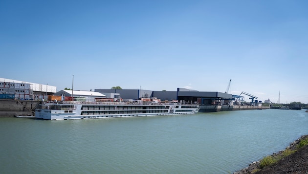 Im Hafenbecken liegt das Reserveschiff eines Donau-Kreuzfahrt-Unternehmens. 25 dieser Schiffe ...
