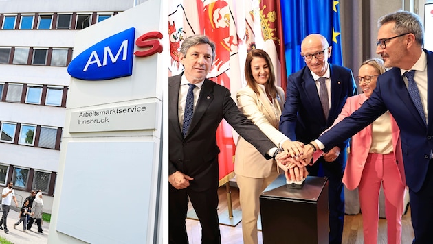 Aktivierten symbolisch die Euregio-Jobbörse: LHStv. Achille Spinelli (Trentino), Tirols LR ...