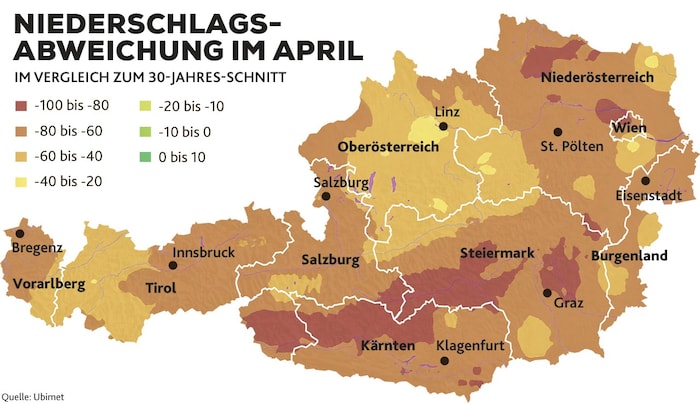 Niederschlagsabweichung im April im Vergleich zum 30-Jahres-Schnitt in Prozent